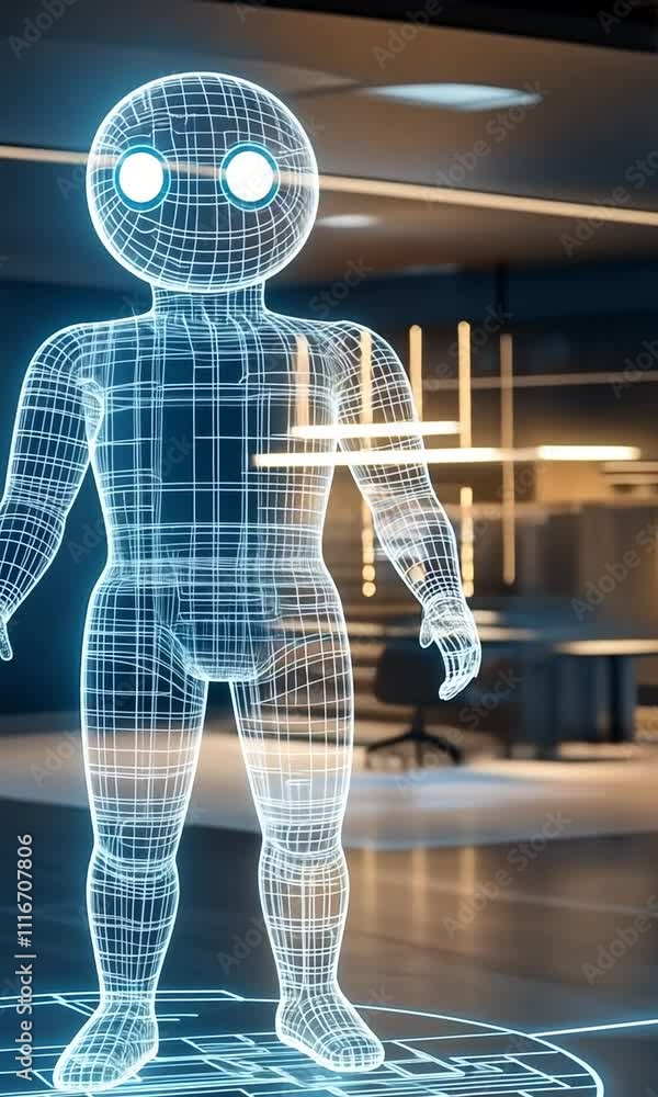 Poster futuristic wireframe humanoid figure modern design showcasing advanced technology with glowing eleme