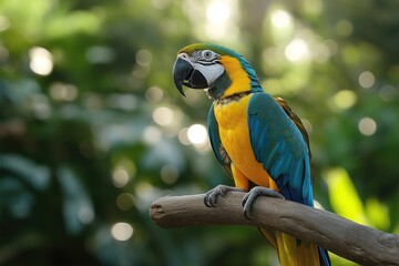 Blue-and-yellow macaw perched on a branch in lush greenery