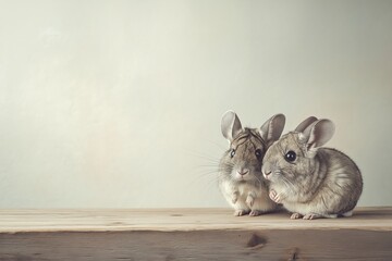 Obraz premium Two adorable chinchillas relaxing on wooden surface