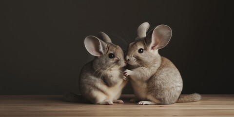 Obraz premium Two chinchillas showing affection on a wooden surface