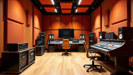 High-end recording studio with large control desk, acoustic panels, and hardwood flooring.