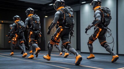 Naklejka premium Exoskeletonassisted recovery athletes using robotic devices visualized robotic mobility interface showing realtime recovery data for postinjury rehabilitation under Exoskeleton Rehabilitation