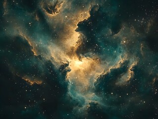Fototapeta premium Mesmerizing abstract image featuring swirling golden particles in a spiral formation, evoking cosmic energy and dynamic motion against a dark background