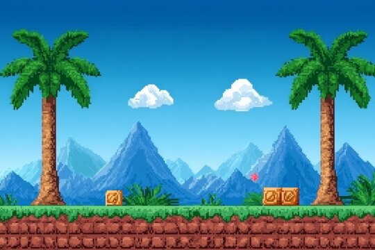 Pixel art landscape with palm trees and mountains in a video game style