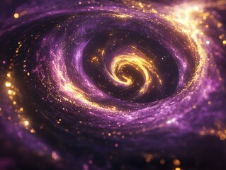 Obraz premium Mesmerizing abstract image featuring swirling golden particles in a spiral formation, evoking cosmic energy and dynamic motion against a dark background