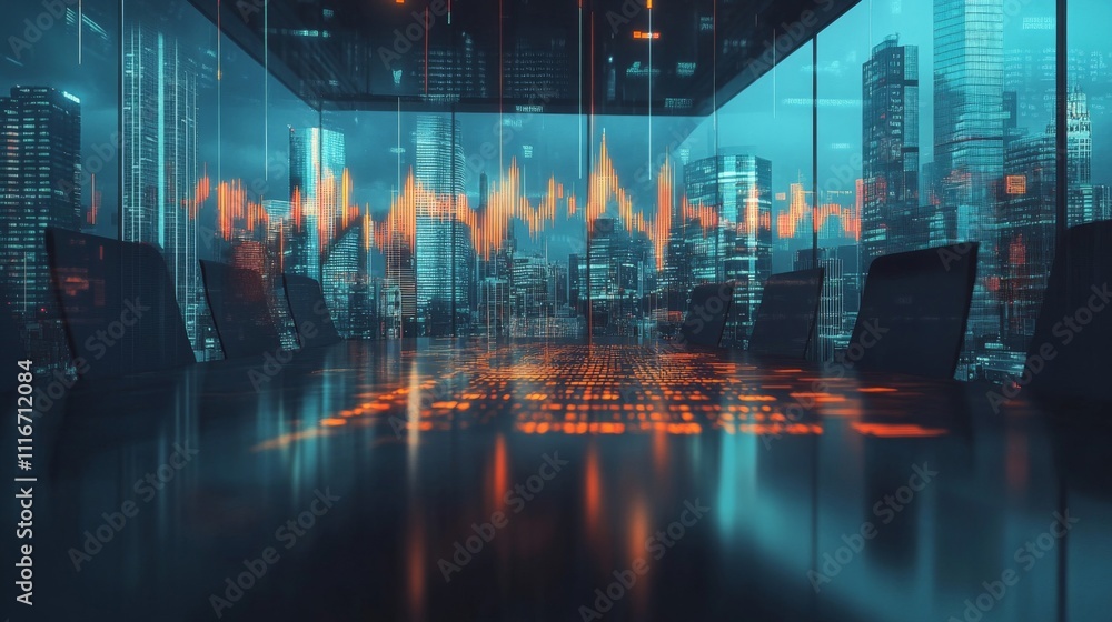 Poster empty conference room with cityscape view and digital data overlay