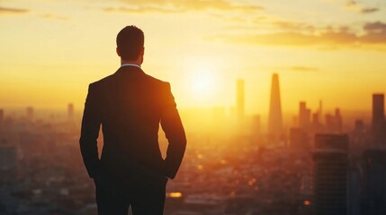Fototapeta premium Silhouetted Businessman Facing a Cityscape Sunset