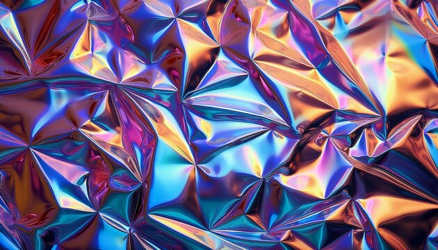 Abstract iridescent angular and wavy fabric material with smooth metallic gradients in blue and pink hues; prismatic and chromium color way; prism and multicolor