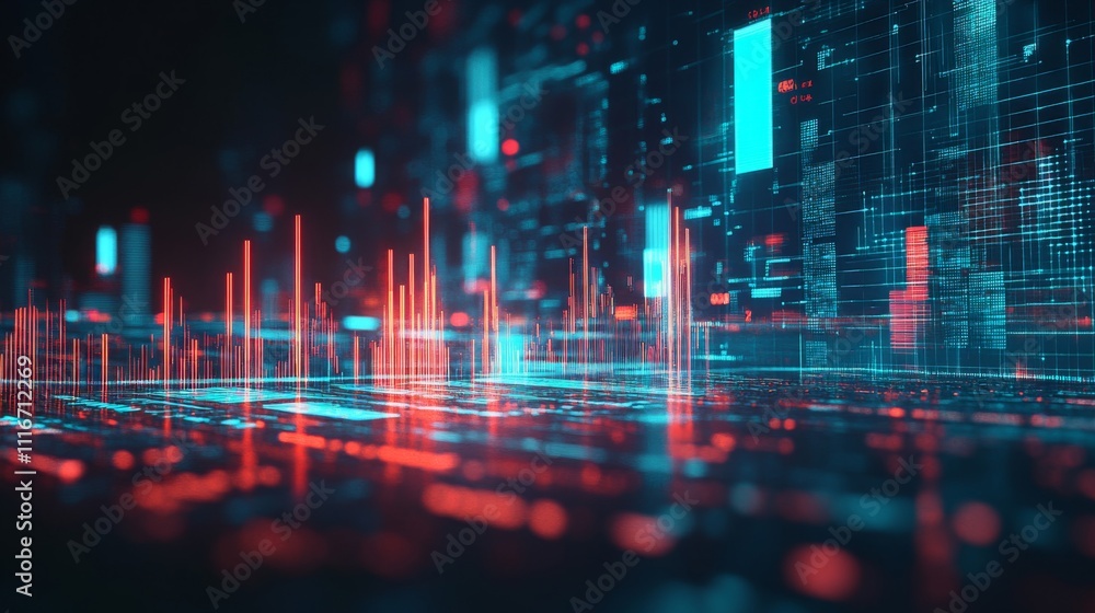 Poster abstract digital landscape with red and blue data visualization