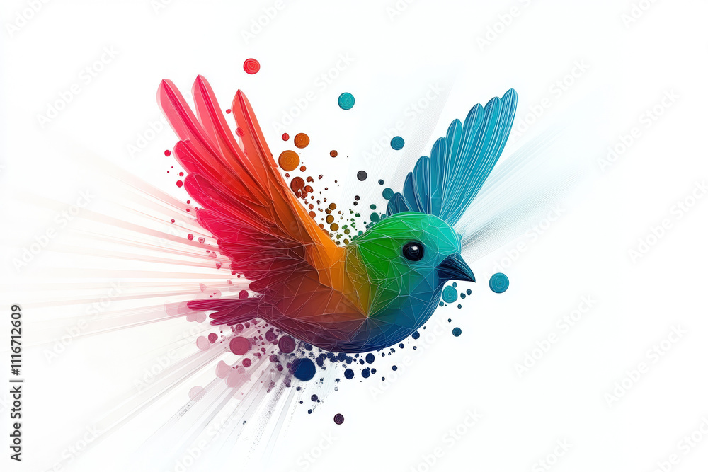 Aufkleber vibrant multicolor bird in flight with dynamic splashes and geometric line art