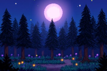 Obraz premium Pixel art forest landscape with full moon and fireflies at night