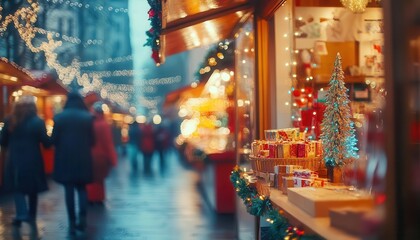 Obraz premium Holiday season market shopping with vibrant stalls, dynamic energy, festive lighting