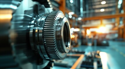 Fototapeta premium Close-up of a precision-engineered metal gear in a factory setting.