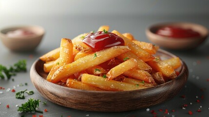 Crispy golden french fries on wooden plate, topped with ketchup and parsley.