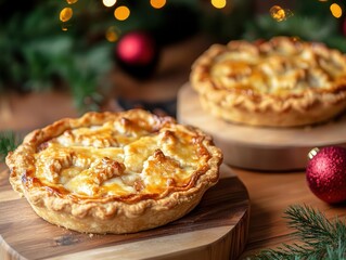 Holiday season pies with vibrant fillings, soft lighting, cozy holiday kitchen