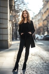 Obraz premium Outdoor fashion elegant woman standing and posing in the street