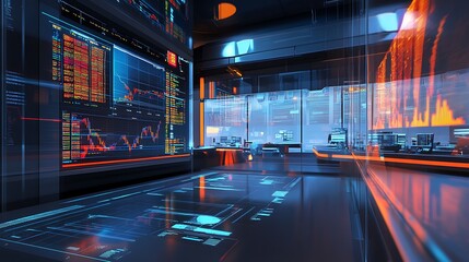 Futuristic trading room with glowing screens displaying financial data and interactive floor.