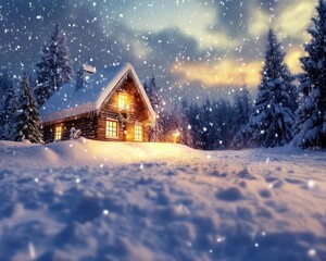 Fototapeta premium Holiday season vacation with vibrant winter scenery, soft lighting, cozy cabin atmosphere