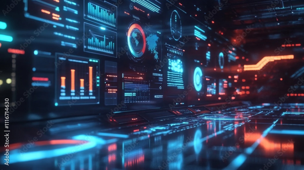 Poster futuristic digital interface with glowing blue and red screens displaying data