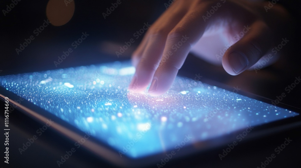 Poster a hand interacting with a tablet screen displaying a blue light emitting pattern