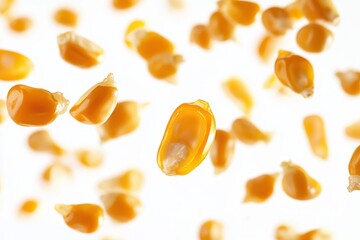 A scattering of golden-yellow corn kernels floating in mid-air against a white background