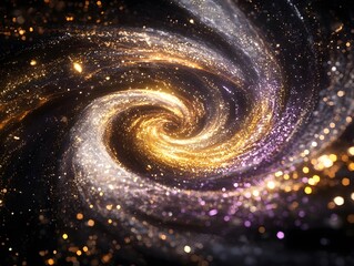 Mesmerizing abstract image featuring swirling golden particles in a spiral formation, evoking cosmic energy and dynamic motion against a dark background