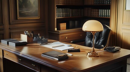 Naklejka premium A well-organized office desk with a lamp, papers, and stationery for professional use.