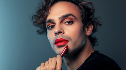 man transgender applying lips with red lipstick , making makeup. 
