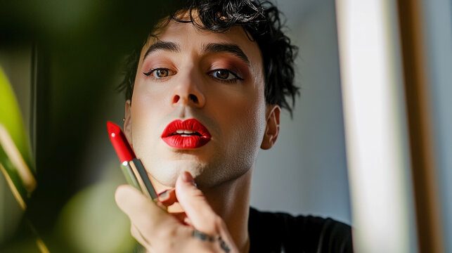 man transgender applying lips with red lipstick , making makeup. 