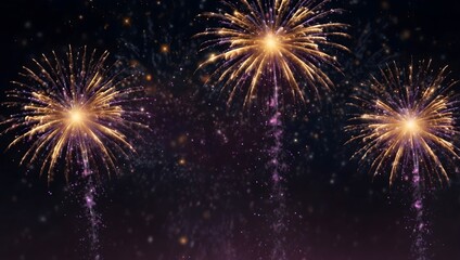Fototapeta premium Three golden and purple fireworks explode against a dark night sky.