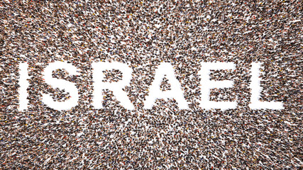 Concept or conceptual large community of people forming the word ISRAEL. 3d illustration metaphor for culture, history and education, politics, economy and business, travel and adventure
