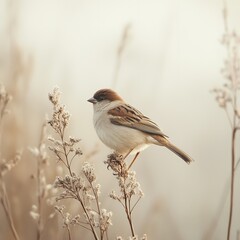 Sparrow perched on dried flowers natural habitat wildlife photography soft morning light close-up perspective serenity