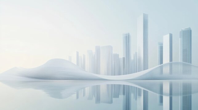 The abstract white and light blue gradient background, smooth curves, and skyscrapers create an ethereal atmosphere with clear lines and subtle gradients.