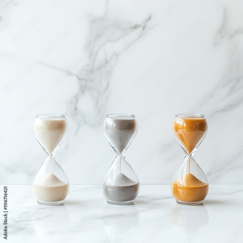 Poster measuring time hourglass collection on marble table minimalistic design indoor setting aesthetic app