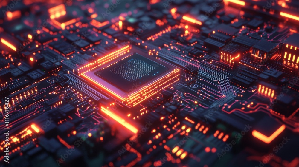 Poster close-up of a glowing red circuit board with a central processor