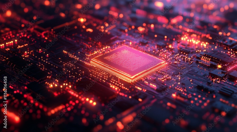 Poster glowing red circuit board with central processor