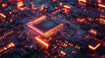 Obraz premium Close-up of a glowing red circuit board with a central processor