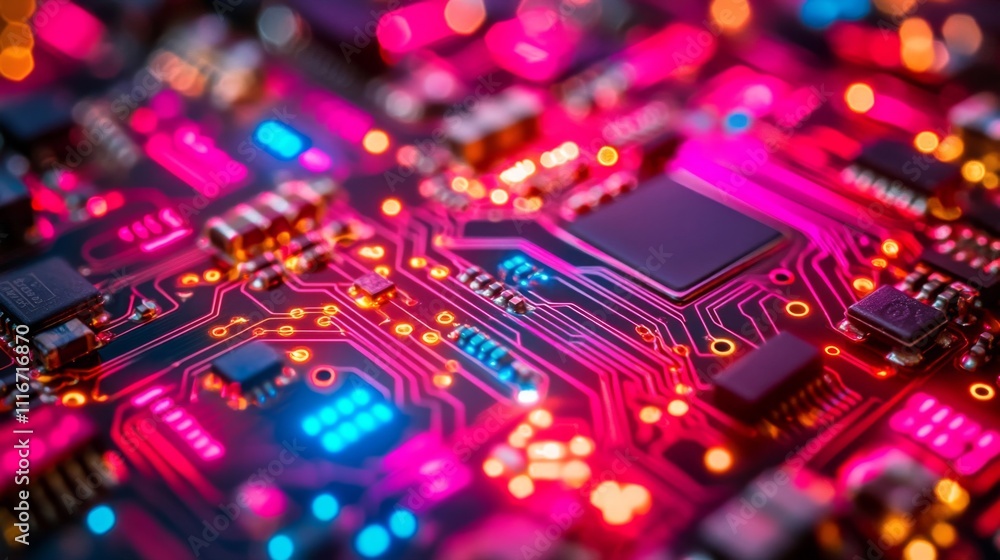 Poster close-up of a circuit board with glowing red and blue lines and components