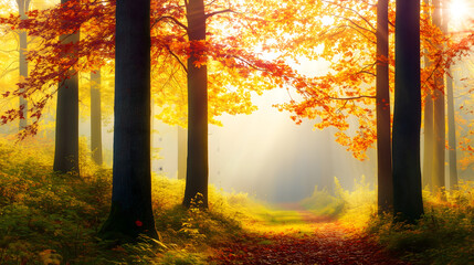 Sunbeams Through Autumn Forest