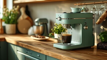 Espresso machine making coffee on kitchen counter.
