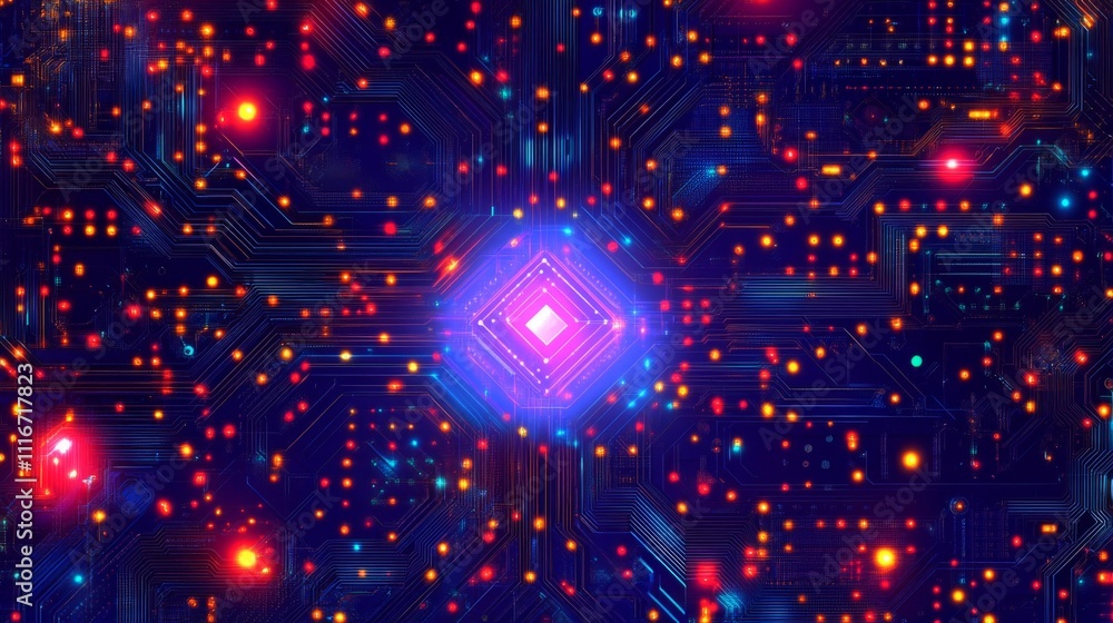 Poster abstract circuit board with glowing lights and a central processor