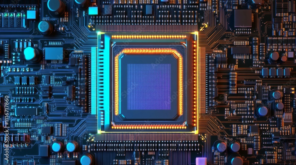 Poster close-up of a processor chip on a circuit board