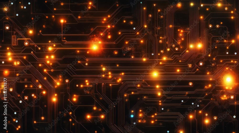 Poster glowing circuit board with complex interconnected traces
