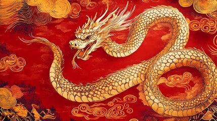 Obraz premium Golden dragon illustration on red background with clouds.