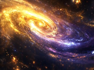 Obraz premium Mesmerizing abstract image featuring swirling golden particles in a spiral formation, evoking cosmic energy and dynamic motion against a dark background