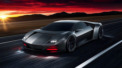 Obraz premium Black Sports Car on Road with Sunset in Background