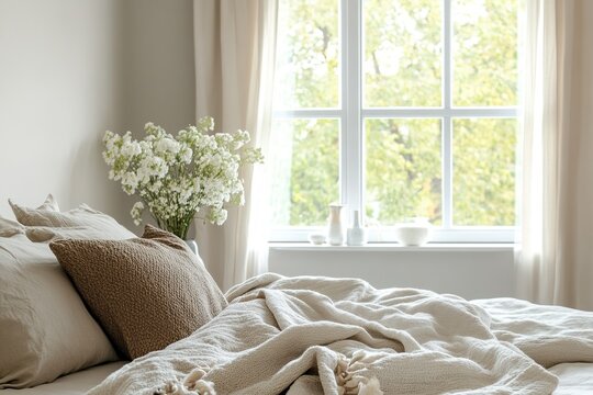 Cozy bedroom with natural light, beige linen, vase with flowers
