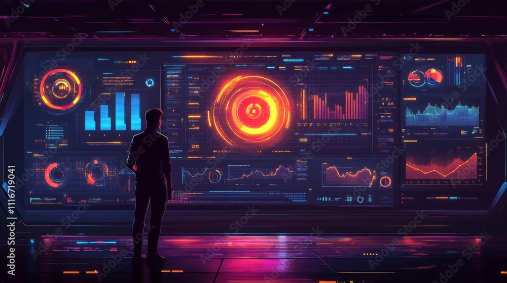 Poster a lone figure stands before a wall of digital data visualizations, analyzing glowing graphs and char
