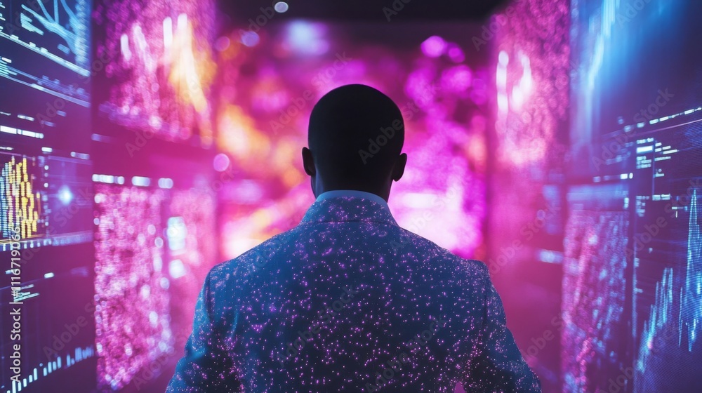 Poster man in a glittering suit standing in a room filled with data screens