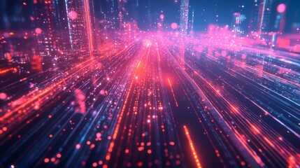 Obraz premium Abstract Digital Cityscape with Red and Blue Light Streaks